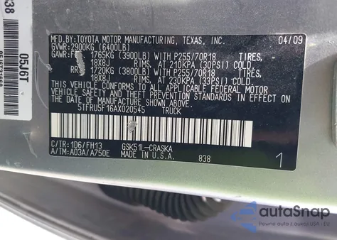 2010 Toyota Tundra Grade V6 из США, поврежденный, VIN 5TFRU5F16AX020545